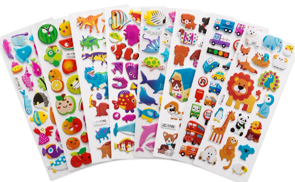 Variety pack of puffy stickers featuring animals, fruits, and vehicles on white backing sheets.