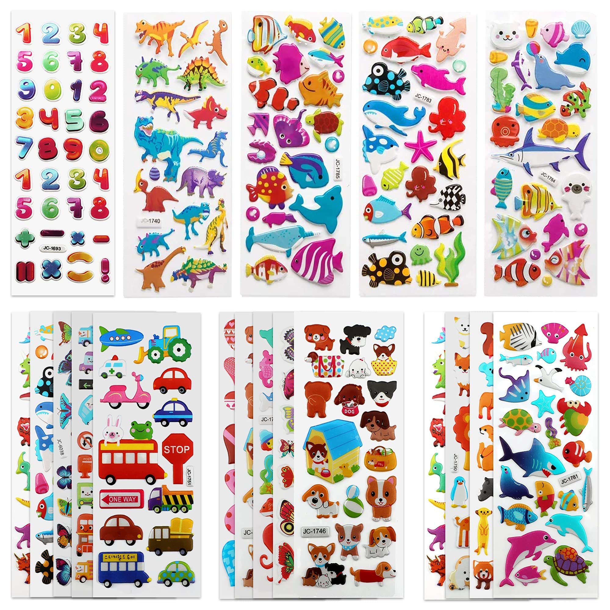 Sheets of puffy 3D stickers featuring animals, vehicles, numbers, and fruits, arranged in a grid.