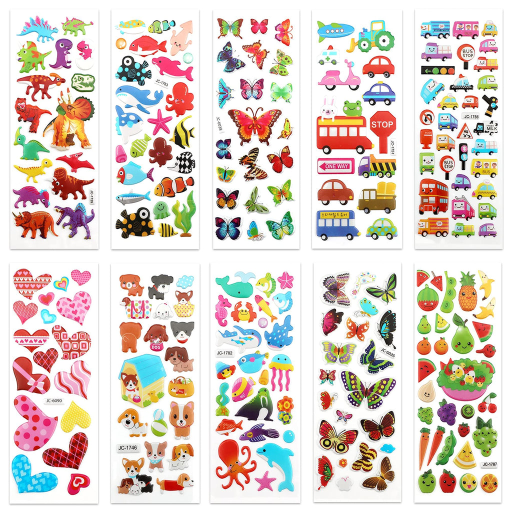 Sheets of puffy stickers featuring dinosaurs, sea creatures, butterflies, vehicles, hearts, dogs, and fruits.