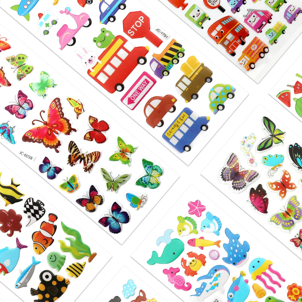Assortment of puffy stickers including animals, vehicles, and butterflies on white backing sheets.