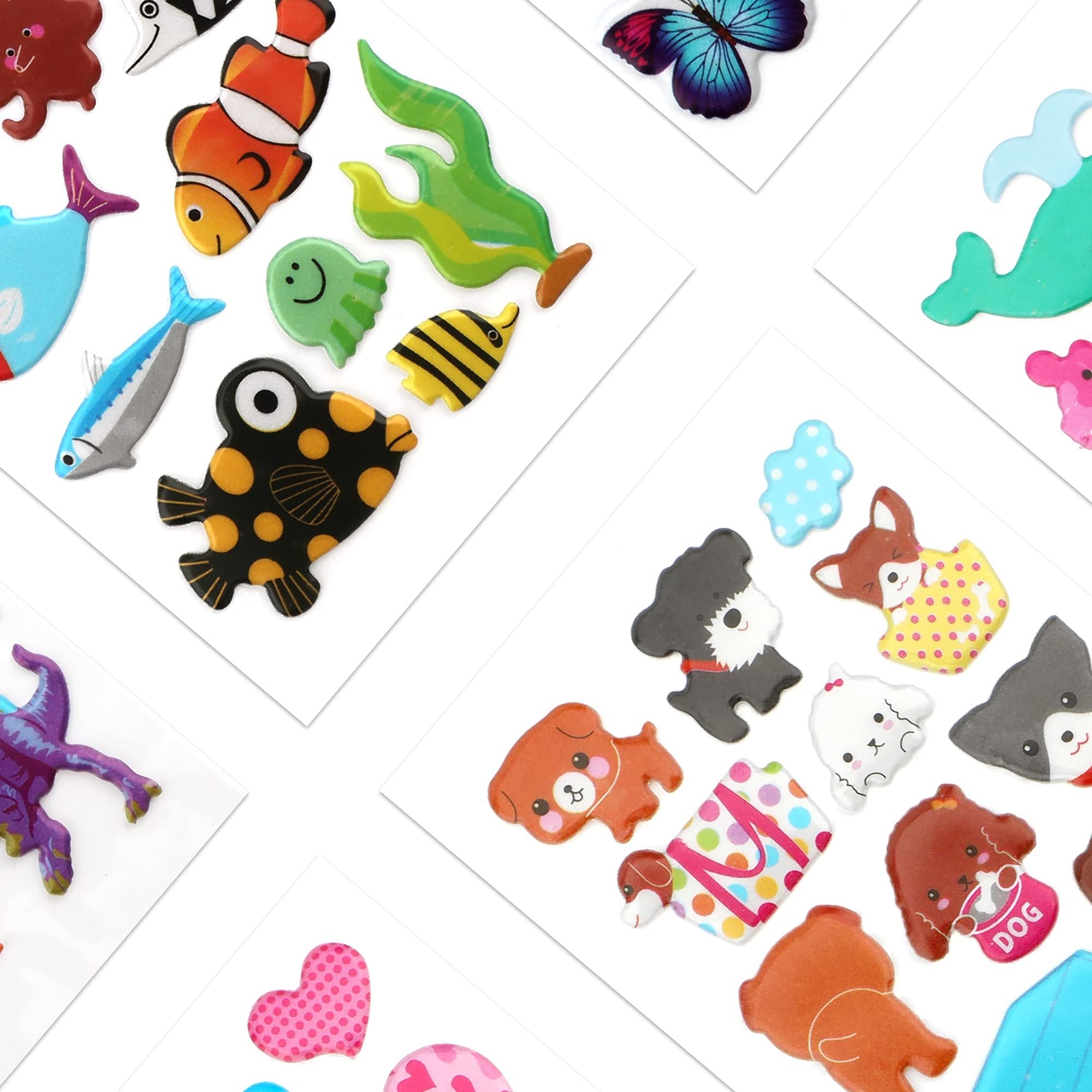 Assorted puffy stickers including animals, sea creatures, and butterflies on white backing sheets.