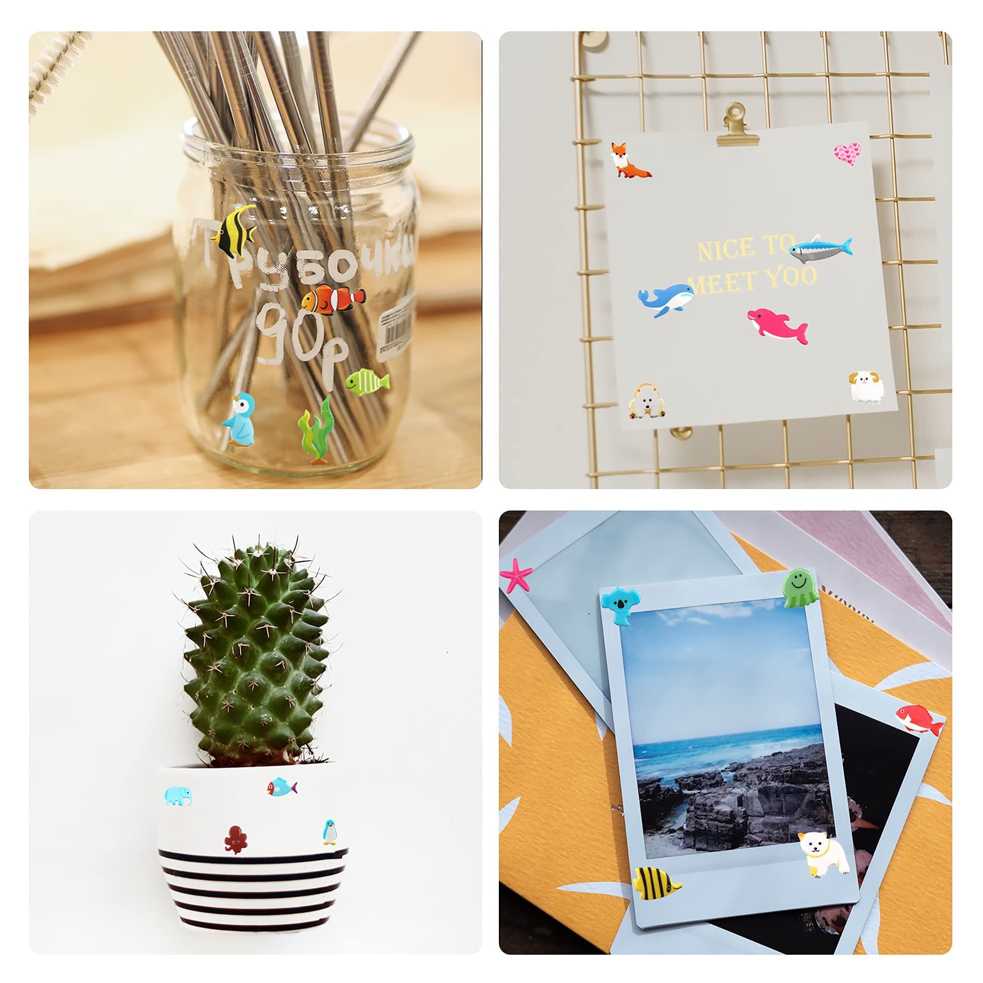 Collage of 3D puffy stickers applied to various surfaces like a jar, paper, plant pot, and photo frames.