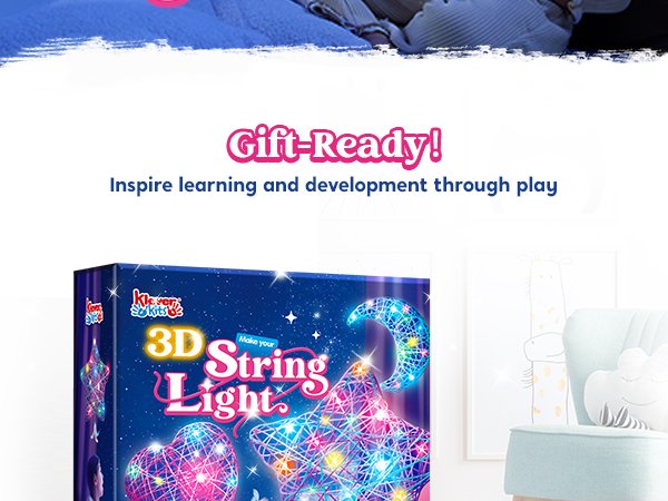 Box for a 3D String Light kit showing a star and moon shape with colorful lights, with text overlays.