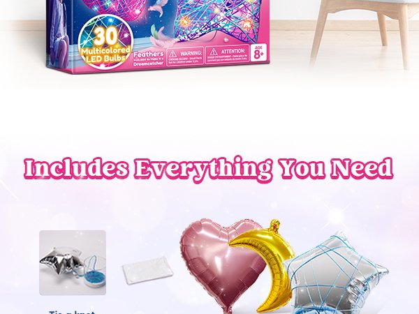 3D string art kit box with 30 multicolored LED bulbs, feathers, and dreamcatcher graphic. Below, text reads 'Includes Everything You Need' with images of balloons and kit components.