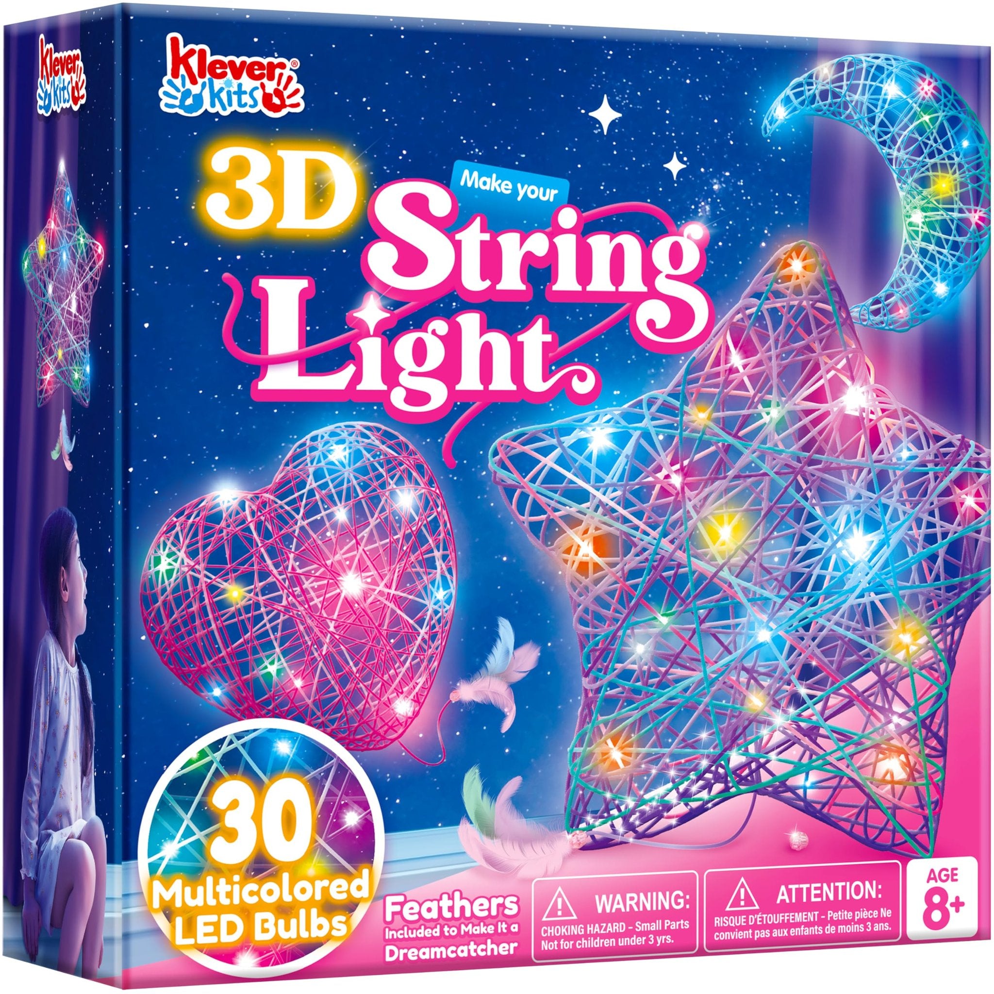 3D String Light kit box showing a star, heart, and crescent moon made of string and lights, with a girl looking on.