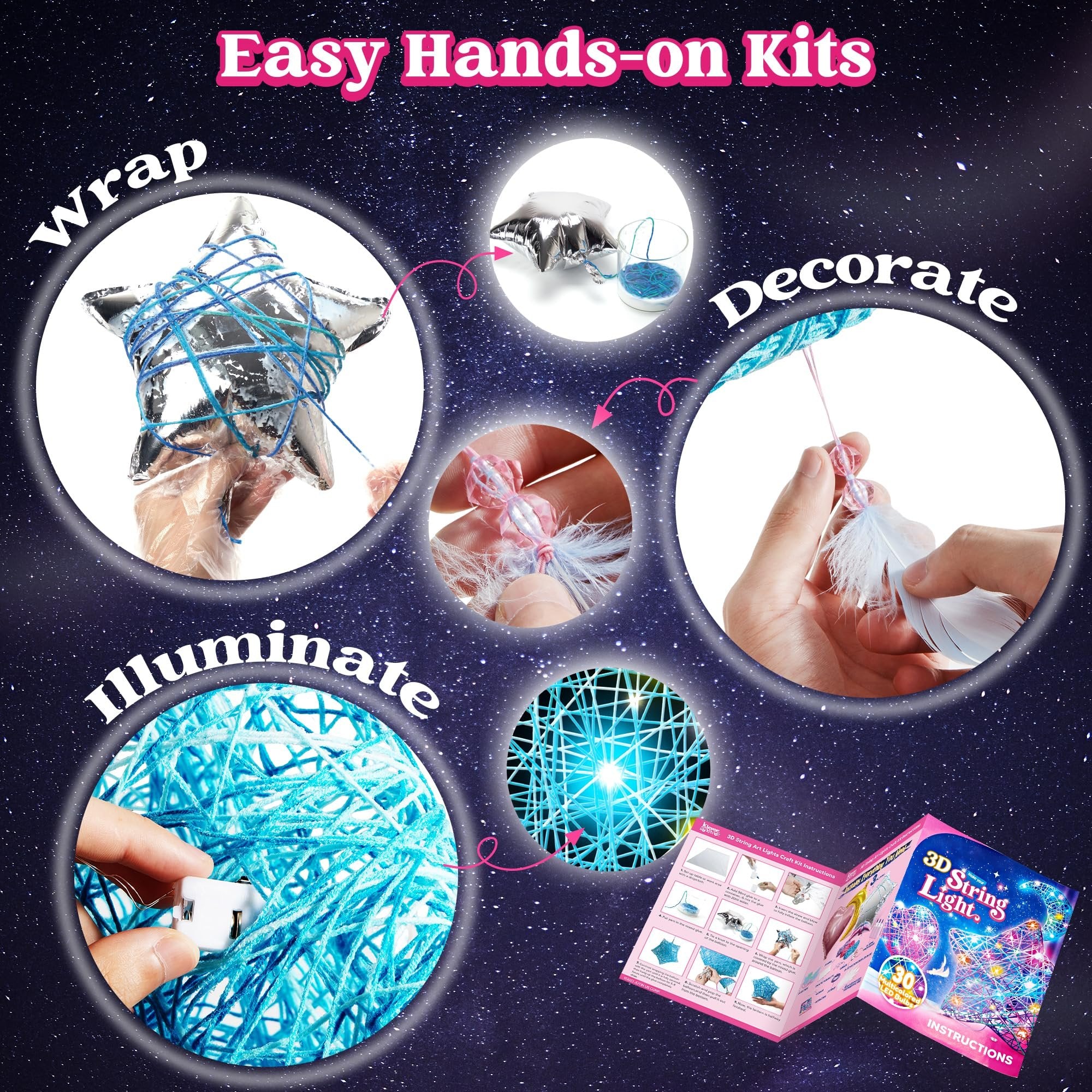 Collage showing steps to create a 3D string art light kit: wrapping yarn around a star, decorating with feathers, illuminating with LED lights, and the finished product.