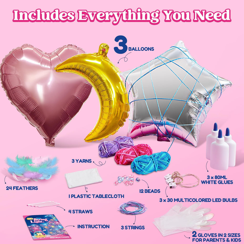 3D string art kit contents including heart and star balloons, yarn, feathers, beads, glue bottles, LED lights, and instructions.