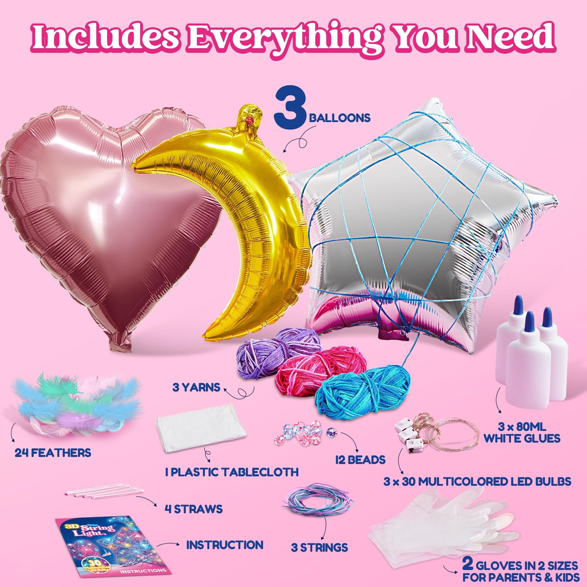 3D string art kit contents including heart and star balloons, yarn, feathers, beads, glue bottles, LED lights, and instructions.