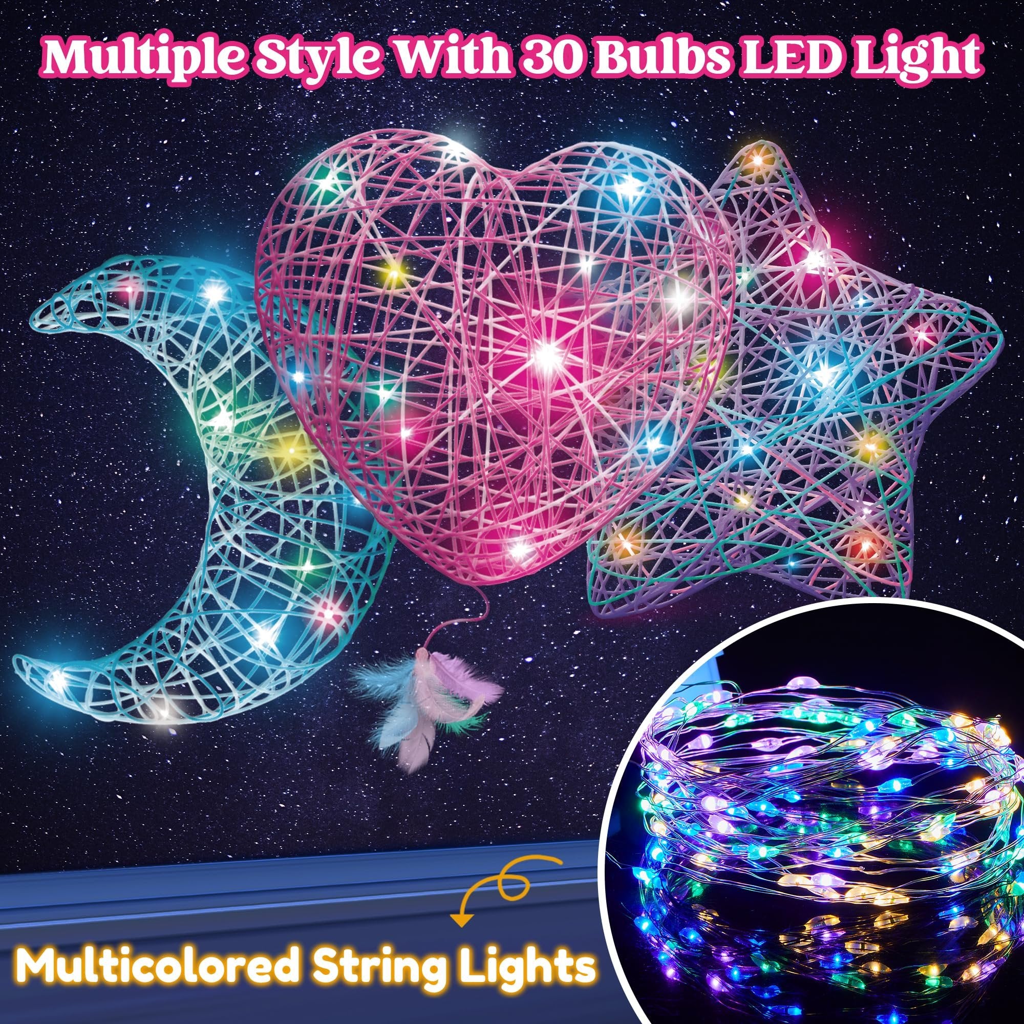 3D string art shapes of a crescent moon, heart, and star illuminated with multicolored LED lights against a starry night background.