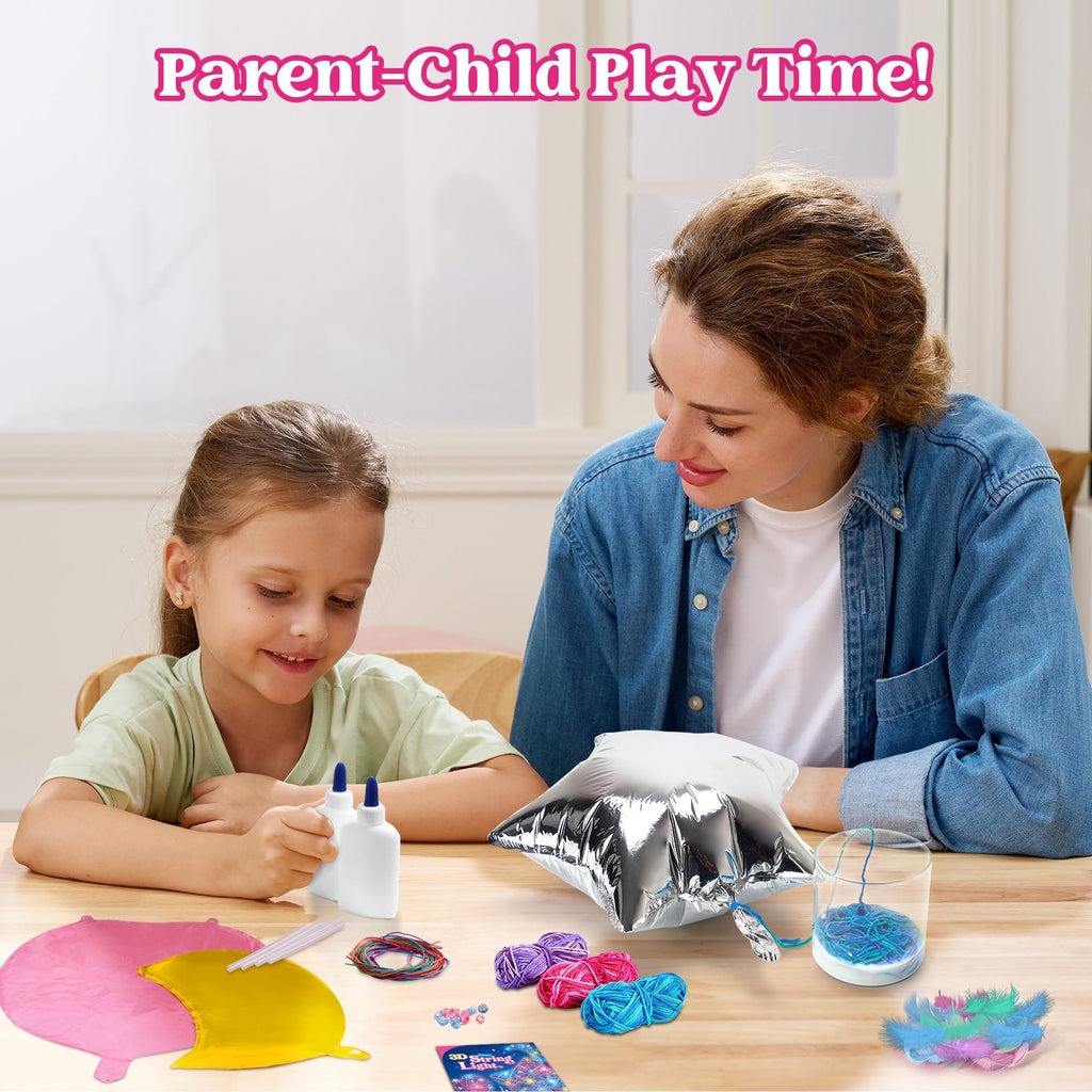 Mother and daughter crafting 3D string art with balloon shapes, yarn, and glue