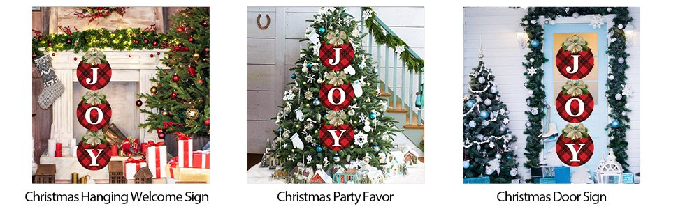 Three buffalo plaid Christmas ornaments spelling JOY hanging on a decorated Christmas tree and door.