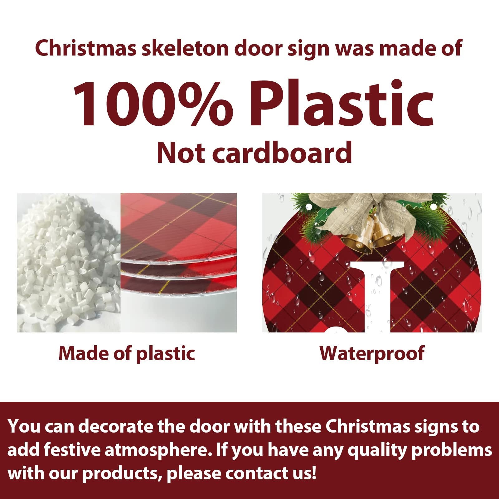 Christmas wreath signs showing plastic pellets, plaid pattern, and a waterproof sign with bells and pine sprigs.