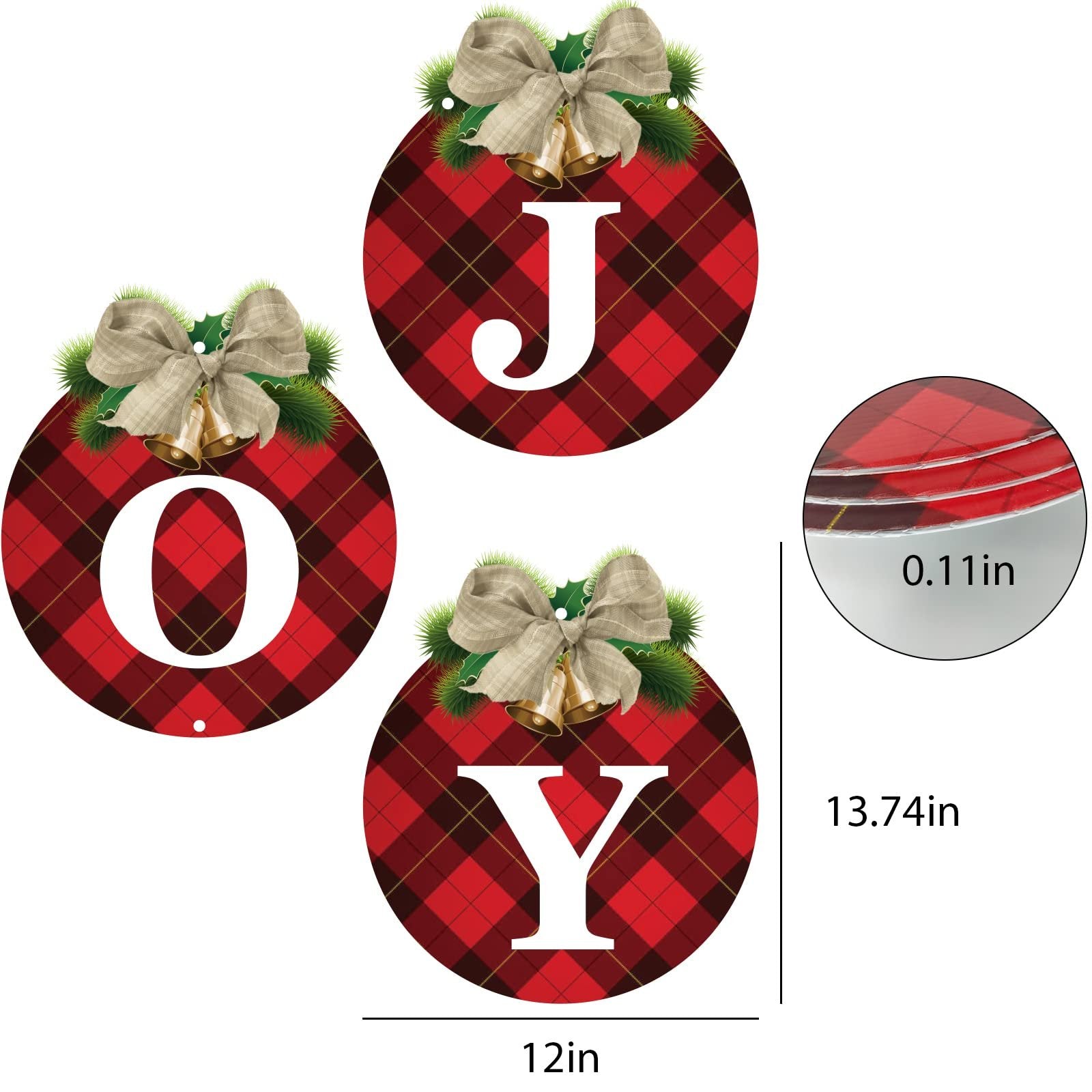 Three round Christmas wreath signs spelling JOY, decorated with plaid, bows, bells, and pine sprigs. Includes dimensions.
