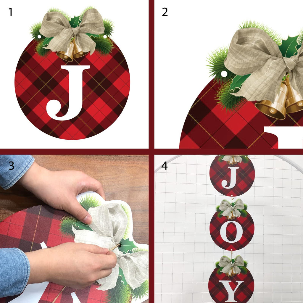 Three buffalo plaid Christmas ornaments spelling JOY, decorated with bows, bells, and pine sprigs.