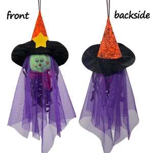 Two Halloween hanging ghost decorations, one showing the front and one showing the backside, featuring witch hats and purple netting.