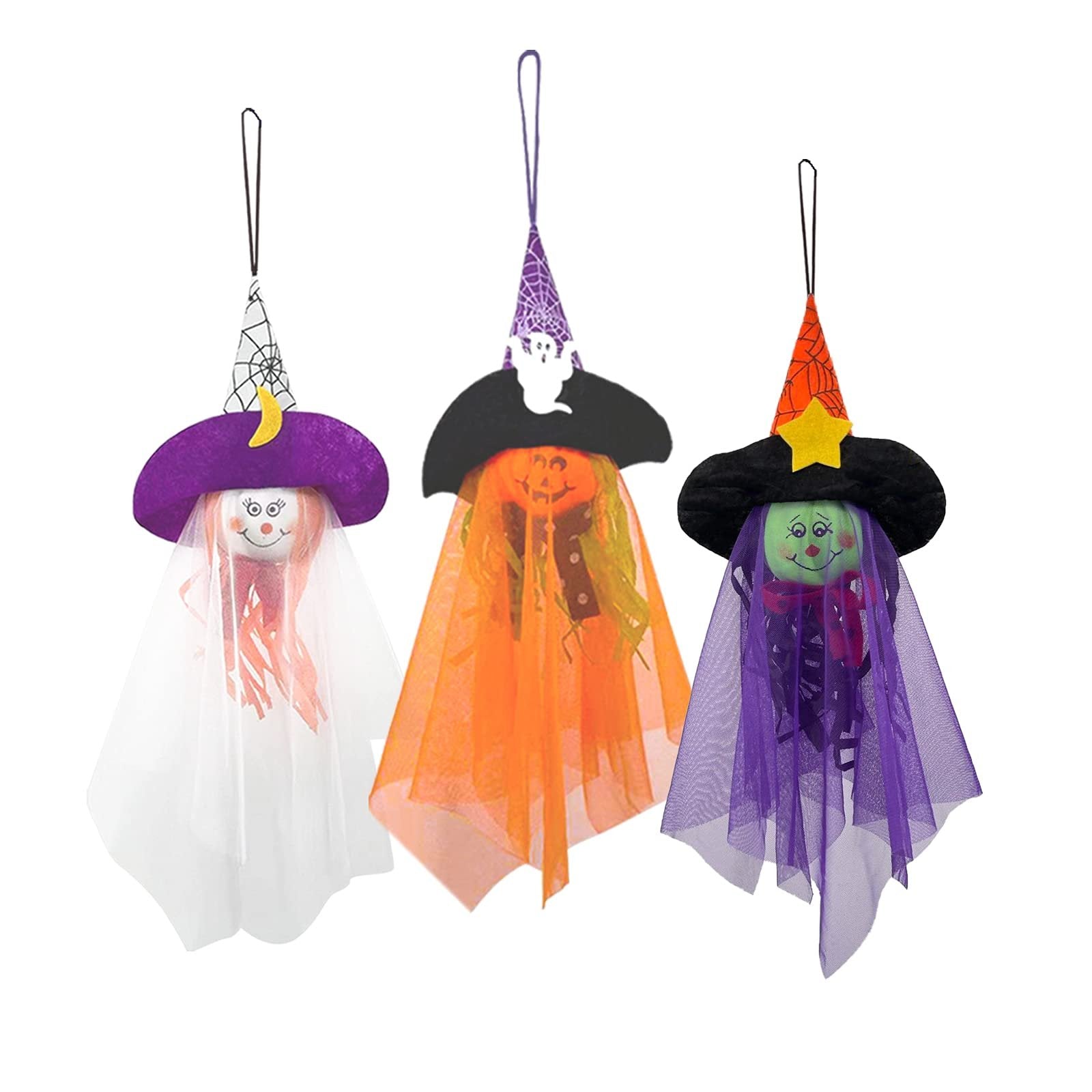Three Halloween hanging ghost decorations with witch hats and mesh skirts in white, orange, and purple.