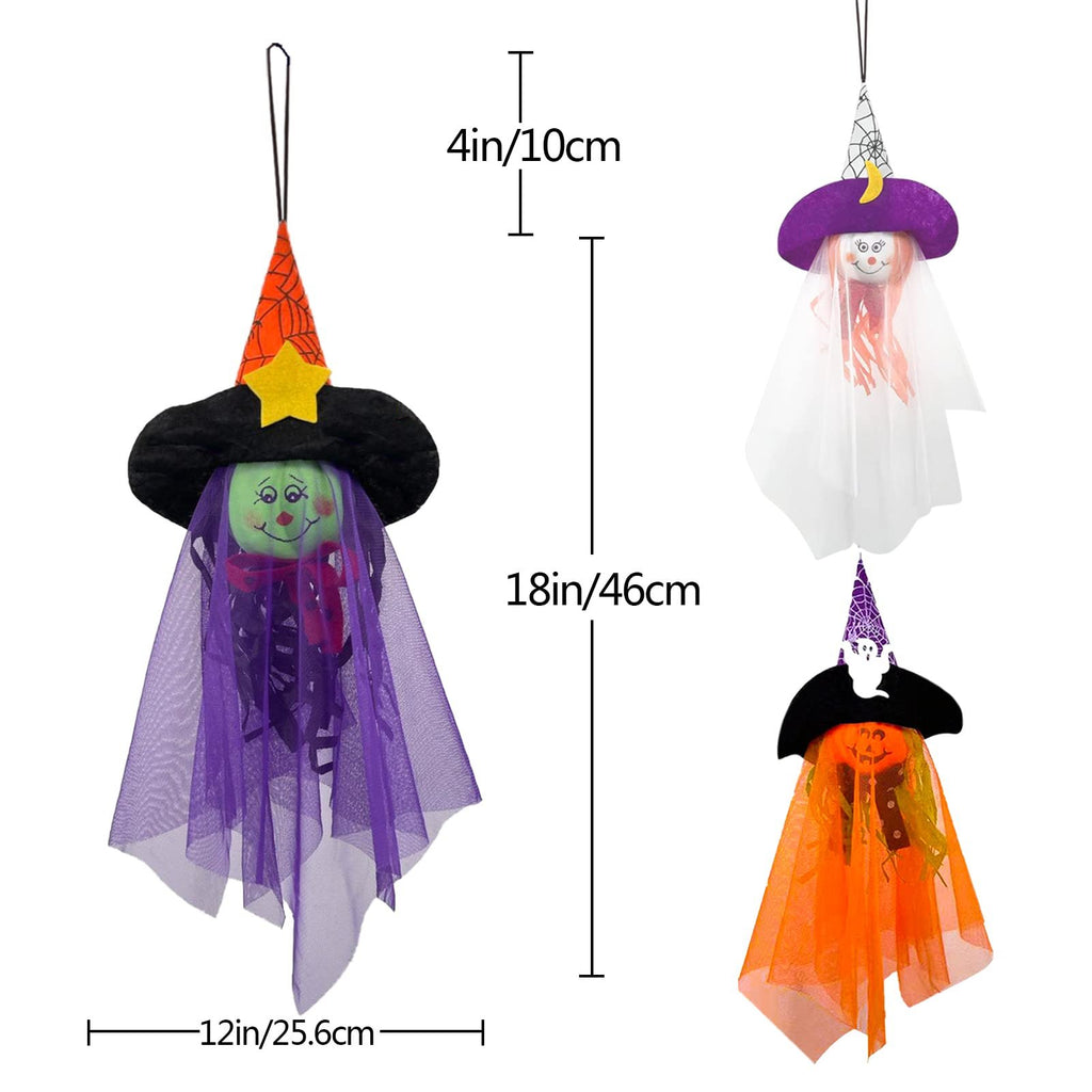 Three Halloween hanging ghost decorations with witch hats and colorful skirts, showing dimensions.
