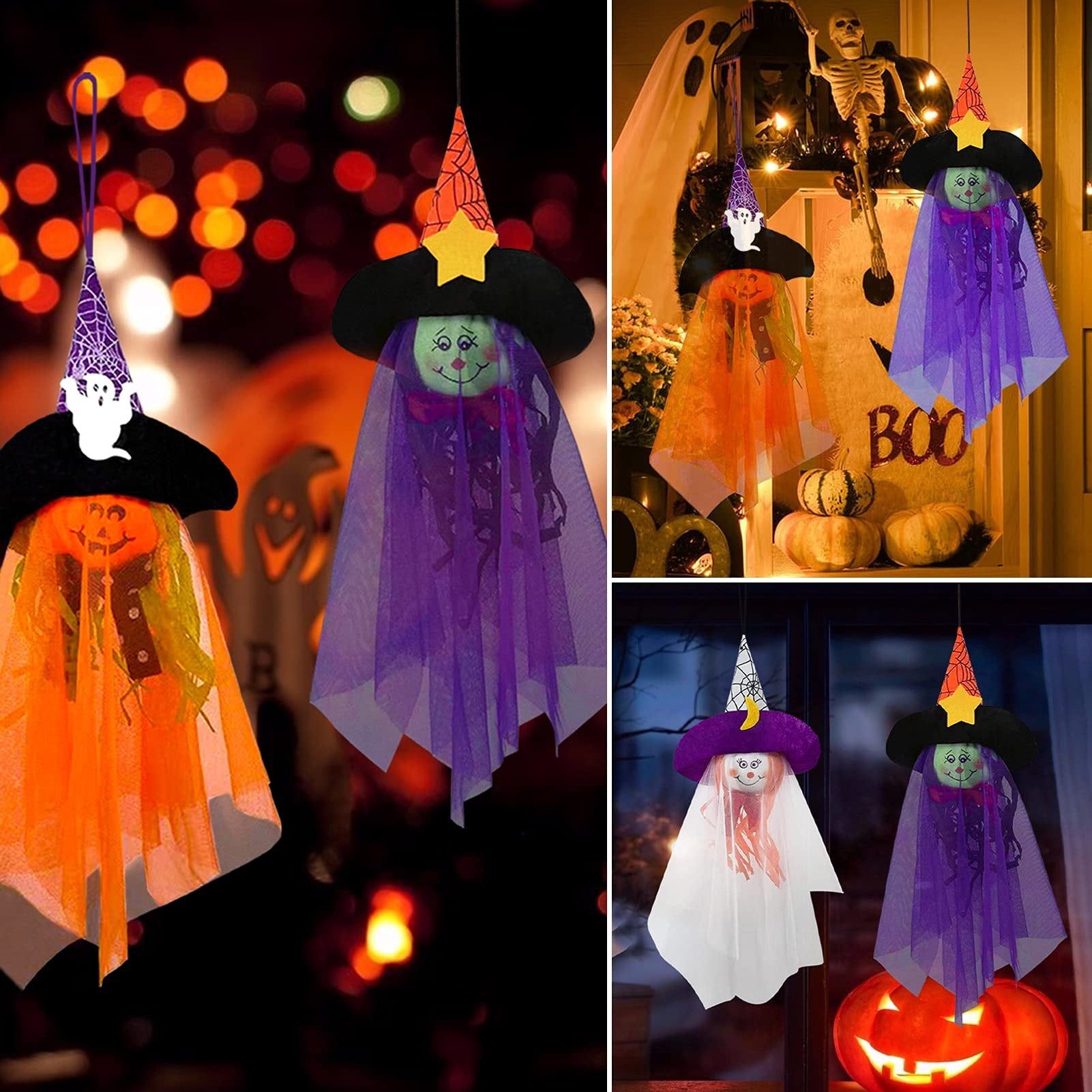 Collage of Halloween hanging ghost decorations with witch hats and colorful tulle skirts.