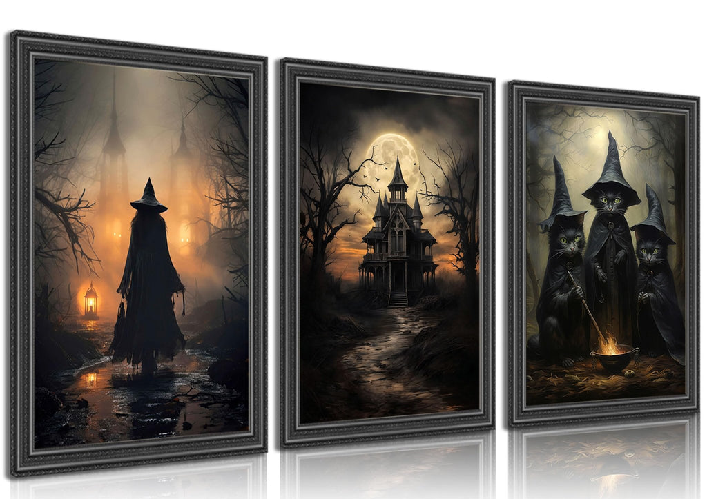 Three framed Halloween canvas art prints featuring a witch in a foggy forest, a haunted house under a full moon, and three black cats in witch hats around a cauldron.
