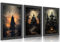 Three framed Halloween canvas art prints featuring a witch in a foggy forest, a haunted house under a full moon, and three black cats in witch hats around a cauldron.