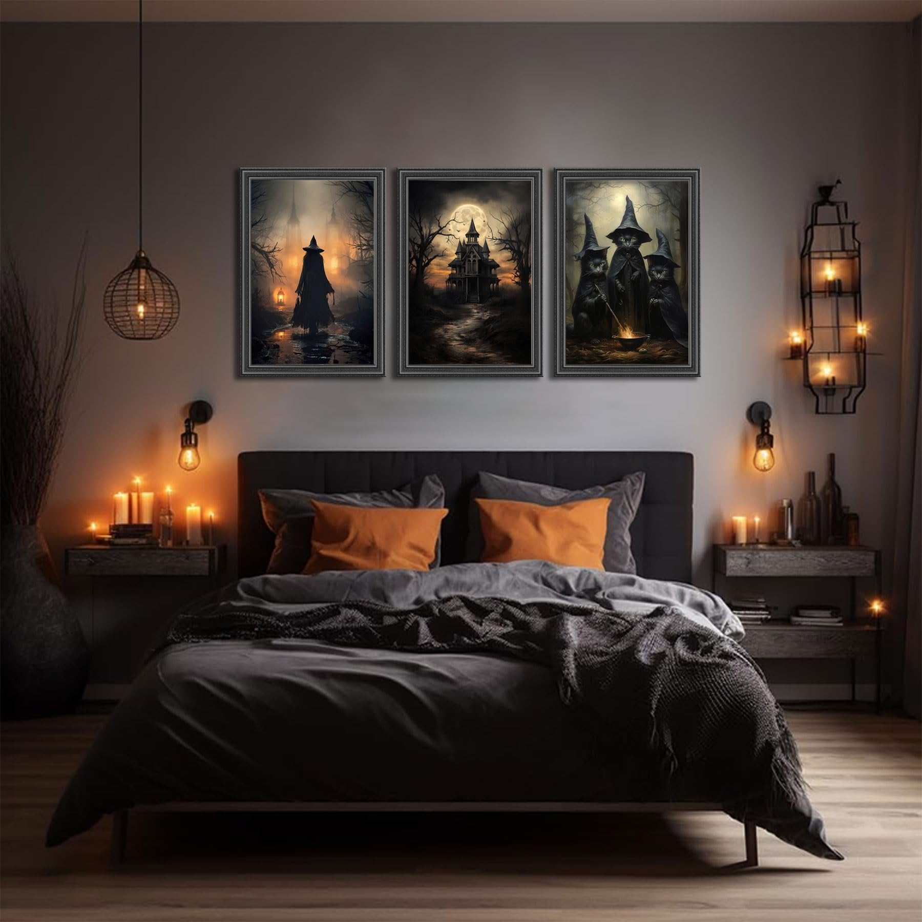 Three Halloween-themed canvas art prints depicting witches and a haunted house, displayed above a bed in a dimly lit room.
