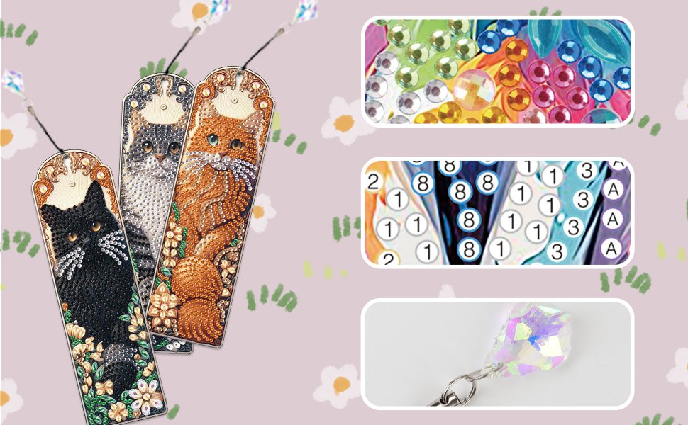 Three diamond art painting bookmarks featuring cats, with close-ups of the diamond art and a crystal pendant.