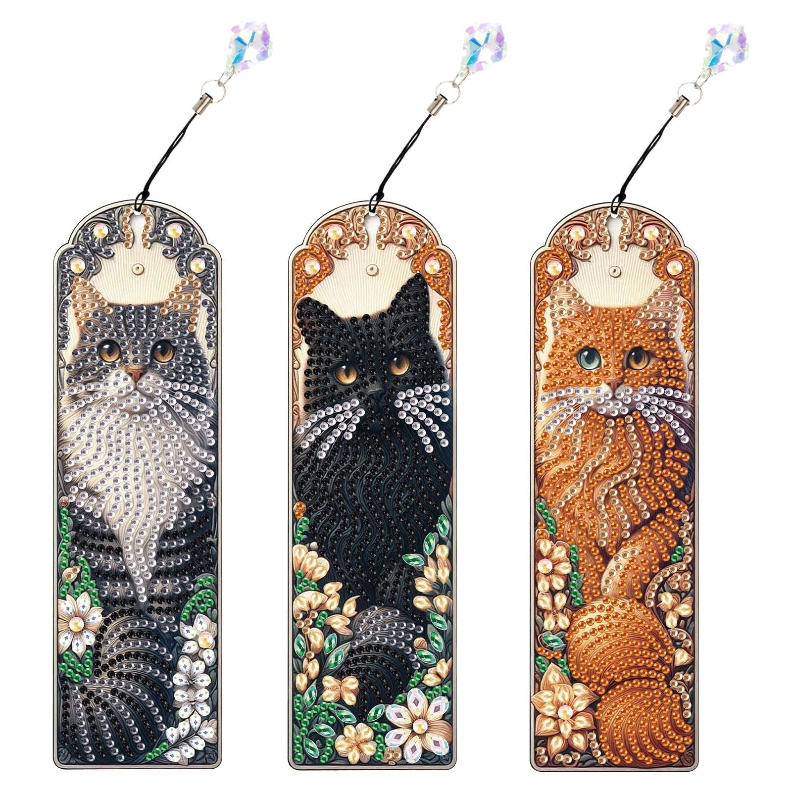 Three diamond art painting bookmarks featuring cat designs with crystal pendants, displayed side-by-side.
