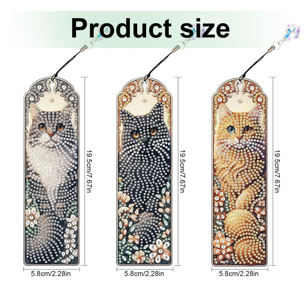 Three diamond art painting bookmarks featuring cat faces and floral designs, with size dimensions indicated.