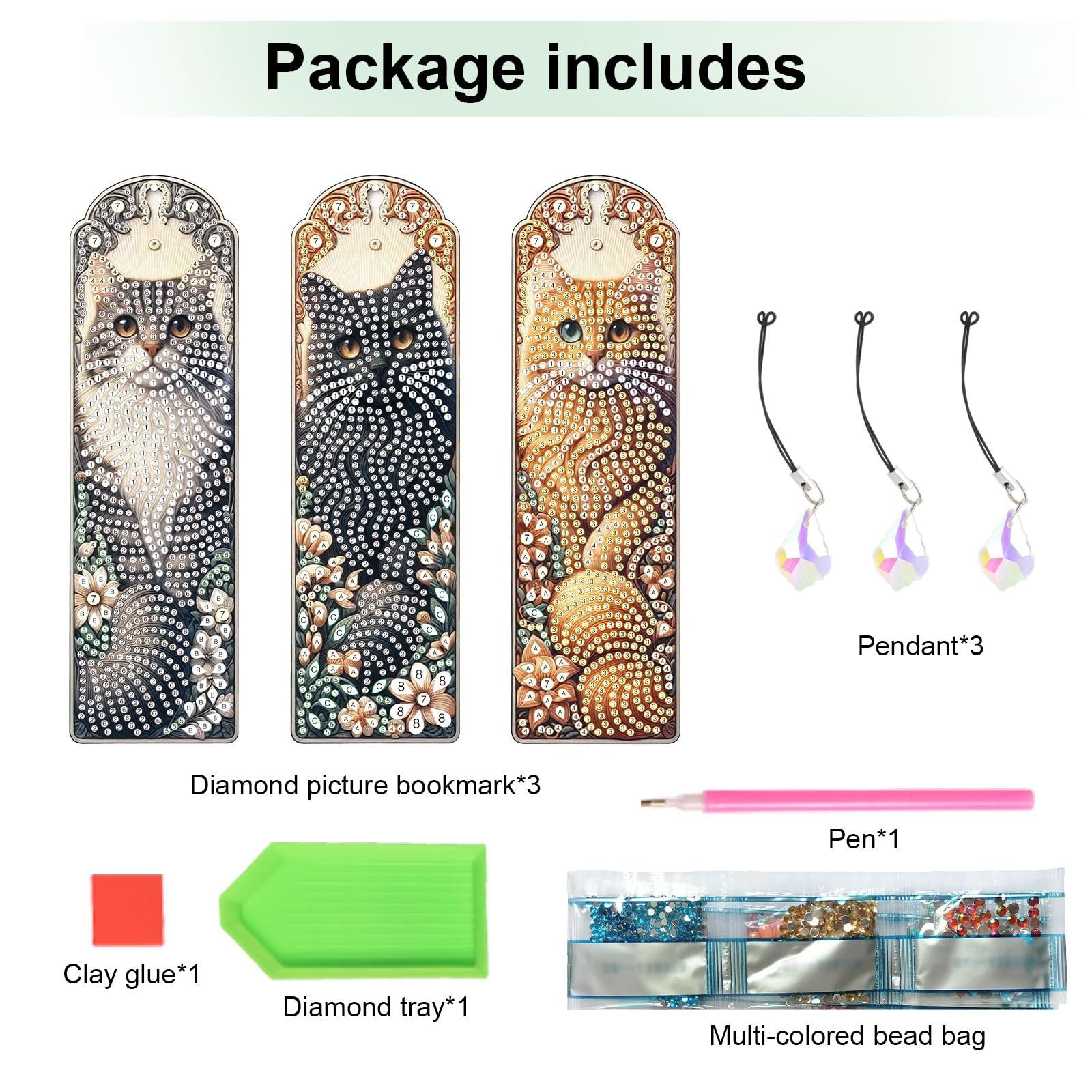 Diamond art painting bookmark kit contents including three cat-themed bookmarks, pendants, pen, clay glue, diamond tray, and multi-colored bead bags.