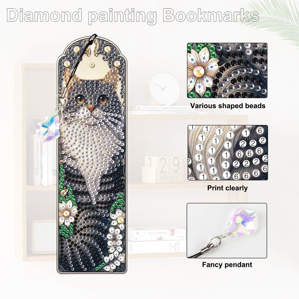 Diamond painting bookmark featuring a cat design with crystal pendant, close-ups of beads and pendant.