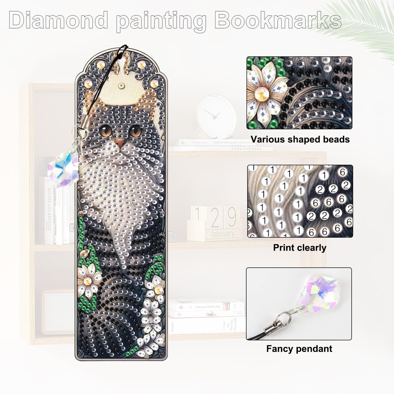 Diamond painting bookmark featuring a cat design with crystal pendant, close-ups of beads and pendant.