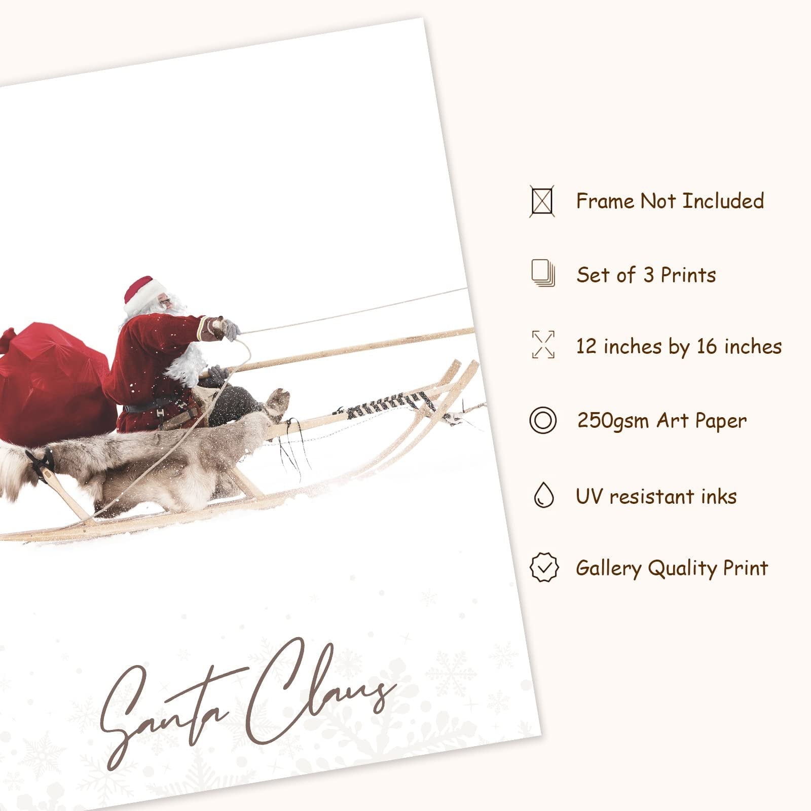 Christmas wall art print featuring Santa Claus riding a reindeer-drawn sleigh in the snow, with text "Santa Claus" below.