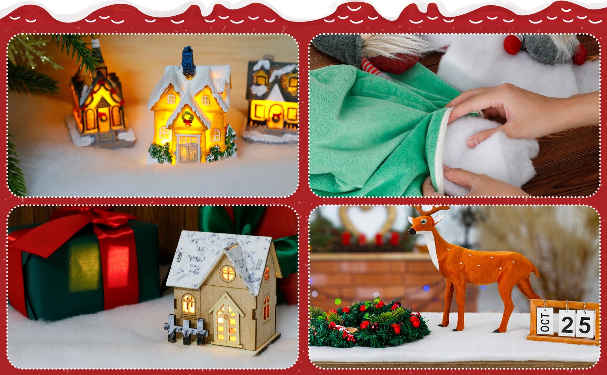 Collage of Christmas village scenes with illuminated houses, gifts, and a deer figurine with a calendar showing October 25.
