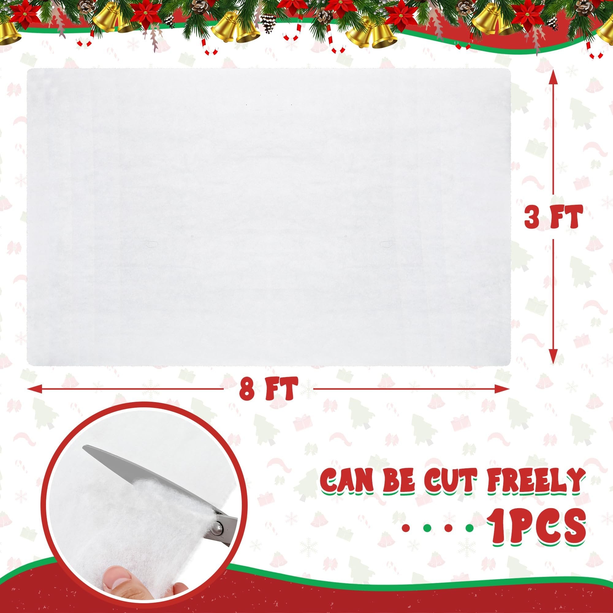 Artificial snow blanket shown flat with dimensions 3 FT by 8 FT, and a close-up of scissors cutting the material.