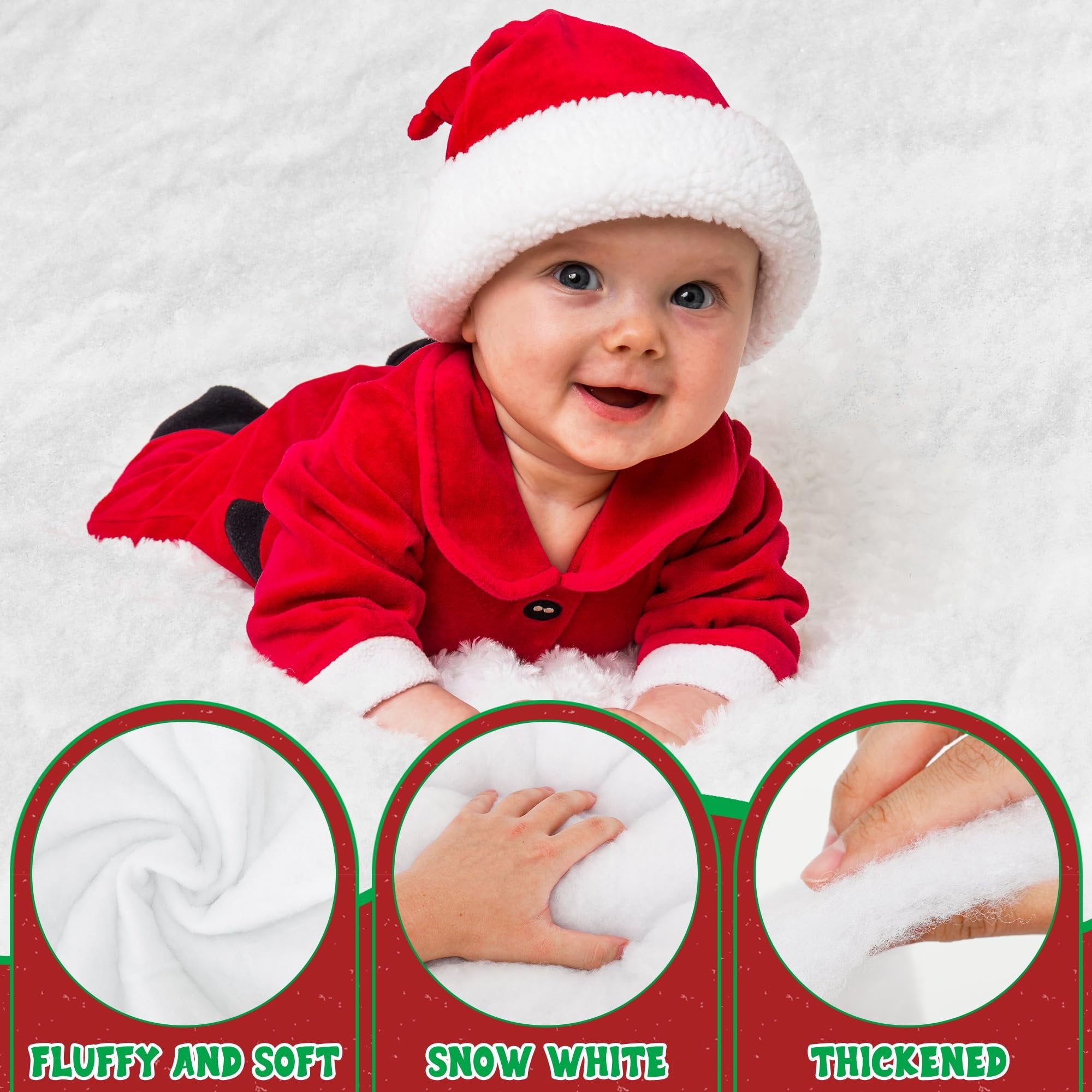 Baby in Santa costume lying on artificial snow blanket with close-ups of texture and thickness