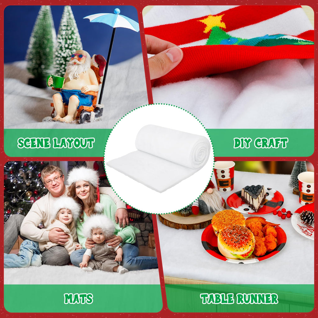 Collage of Christmas-themed scenes and product shots, including Santa on a beach, a family by a tree, food on plates, and a roll of artificial snow.