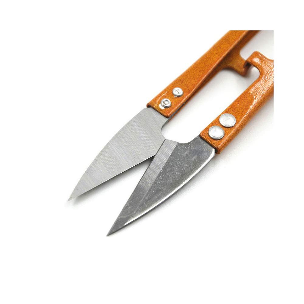 Close-up of orange-handled sewing snip scissors with silver blades on a white background.