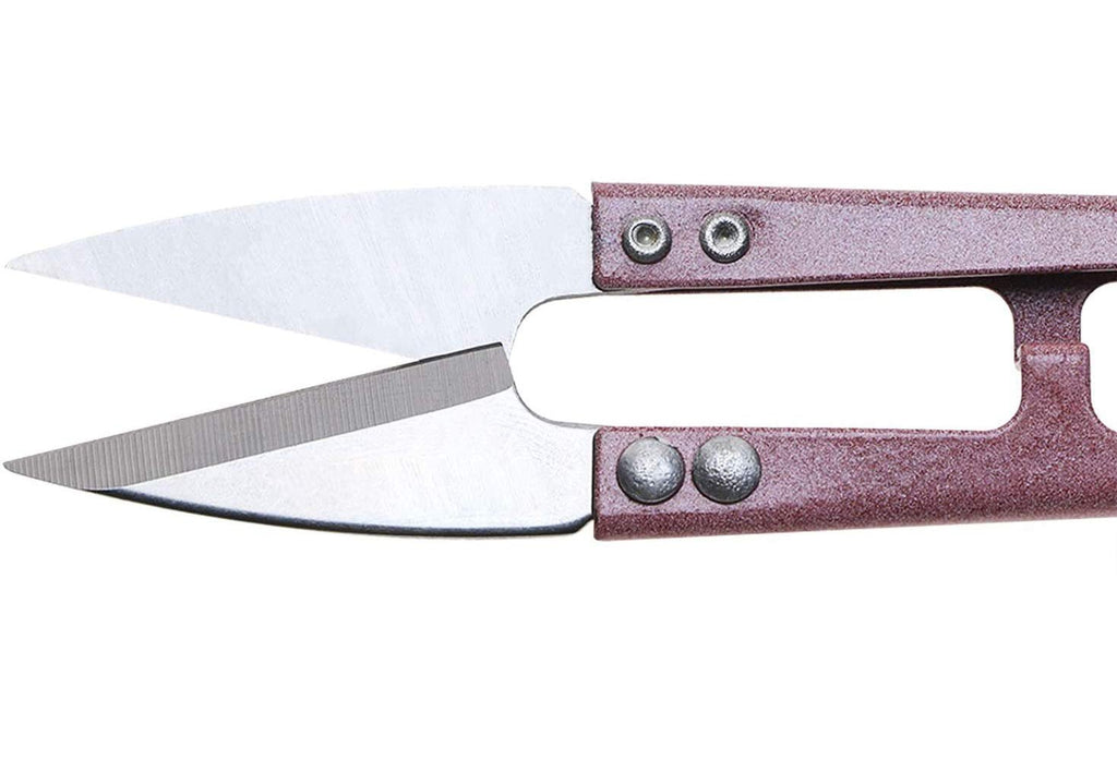 Close-up of a single sewing snip scissor with sharp blades and a maroon handle, isolated on a white background.