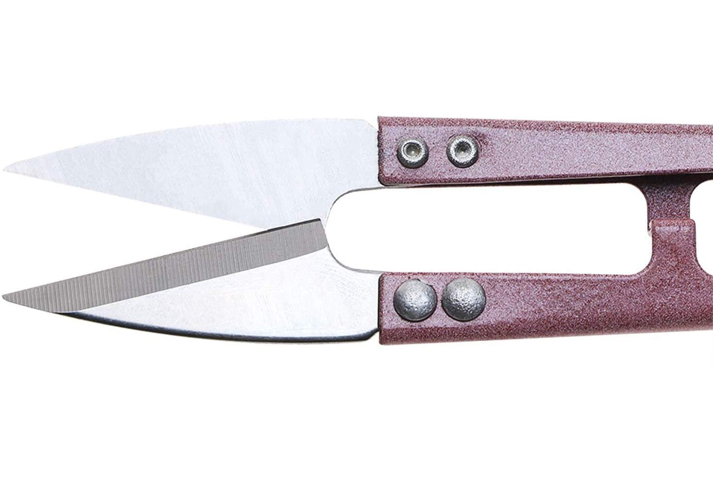Close-up of a single sewing snip scissor with sharp blades and a maroon handle, isolated on a white background.