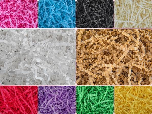 Collage of crinkle cut paper shreds in multiple colors including pink, blue, black, cream, white, tan, red, purple, green, and yellow.