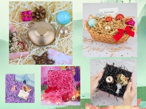 Collage of gift basket filler in various colors and settings, including a gold object, pinecone, and ornaments.