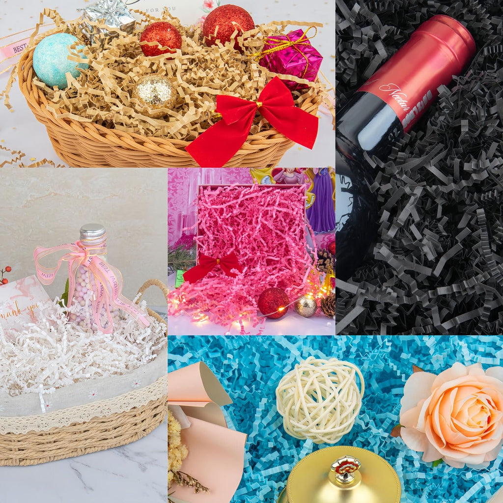 Collage of crinkle cut paper shred in various colors and settings, including gift baskets and boxes.