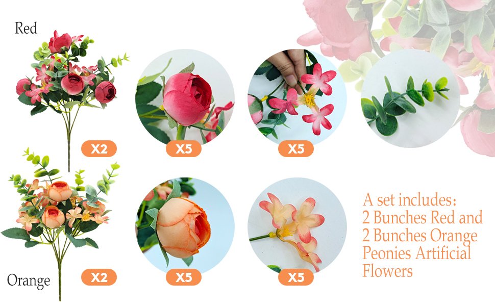 Artificial peony flower bundles in red and orange with eucalyptus and small pink flowers, shown with close-ups and quantity indicators.