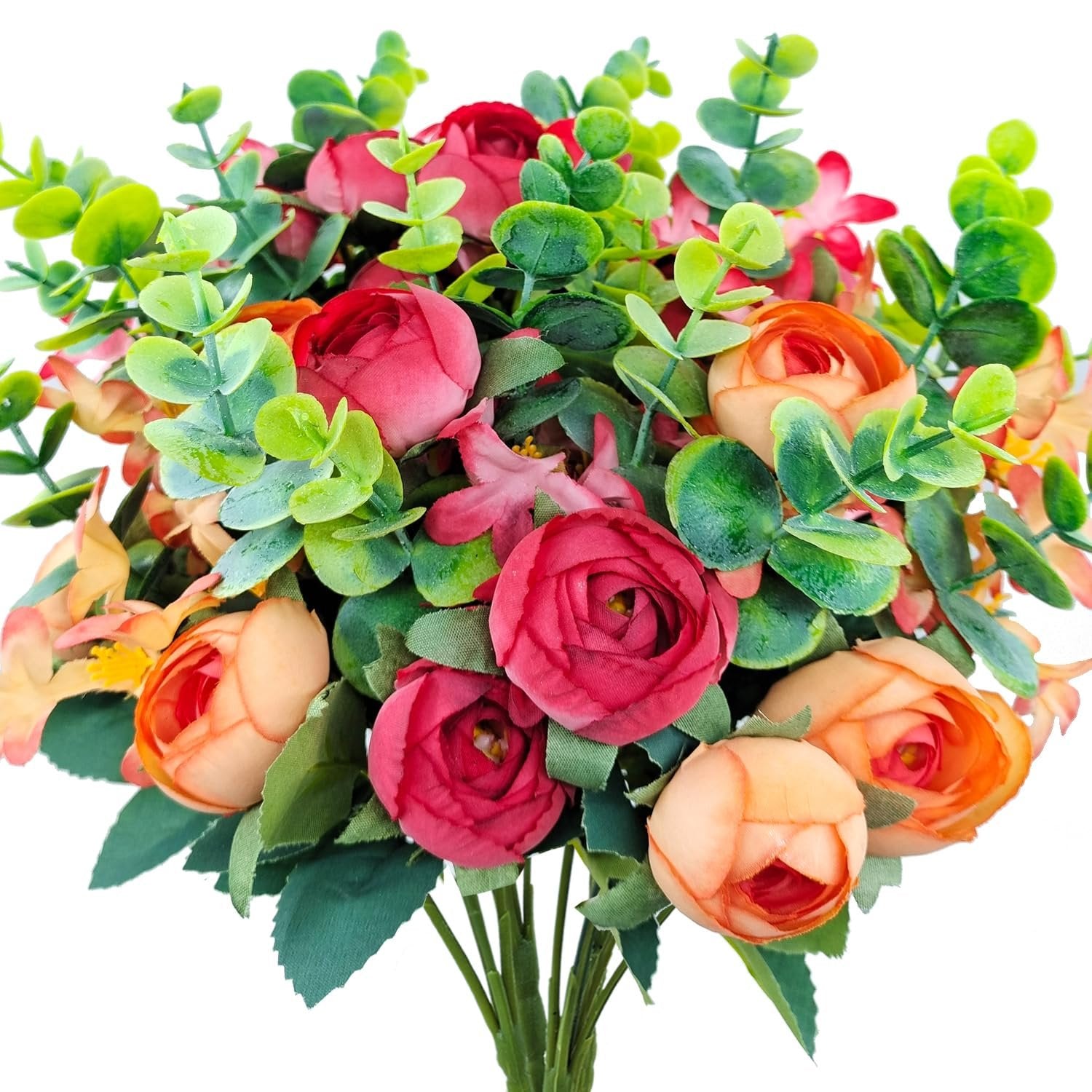 Artificial bouquet of red and orange roses with eucalyptus leaves on a white background