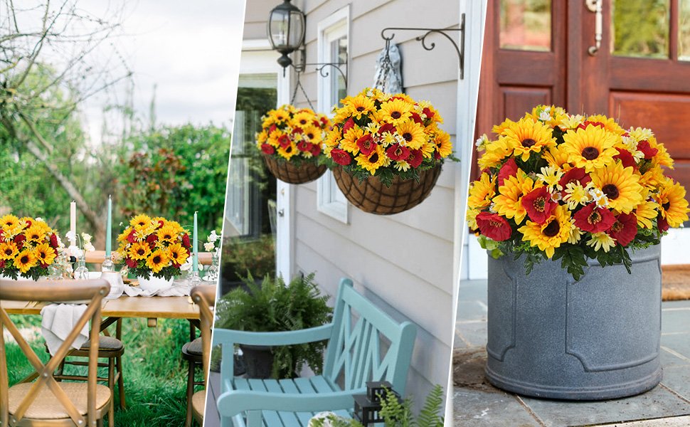 Collage of faux sunflower, daisy, and poppy arrangements in various outdoor and indoor settings.