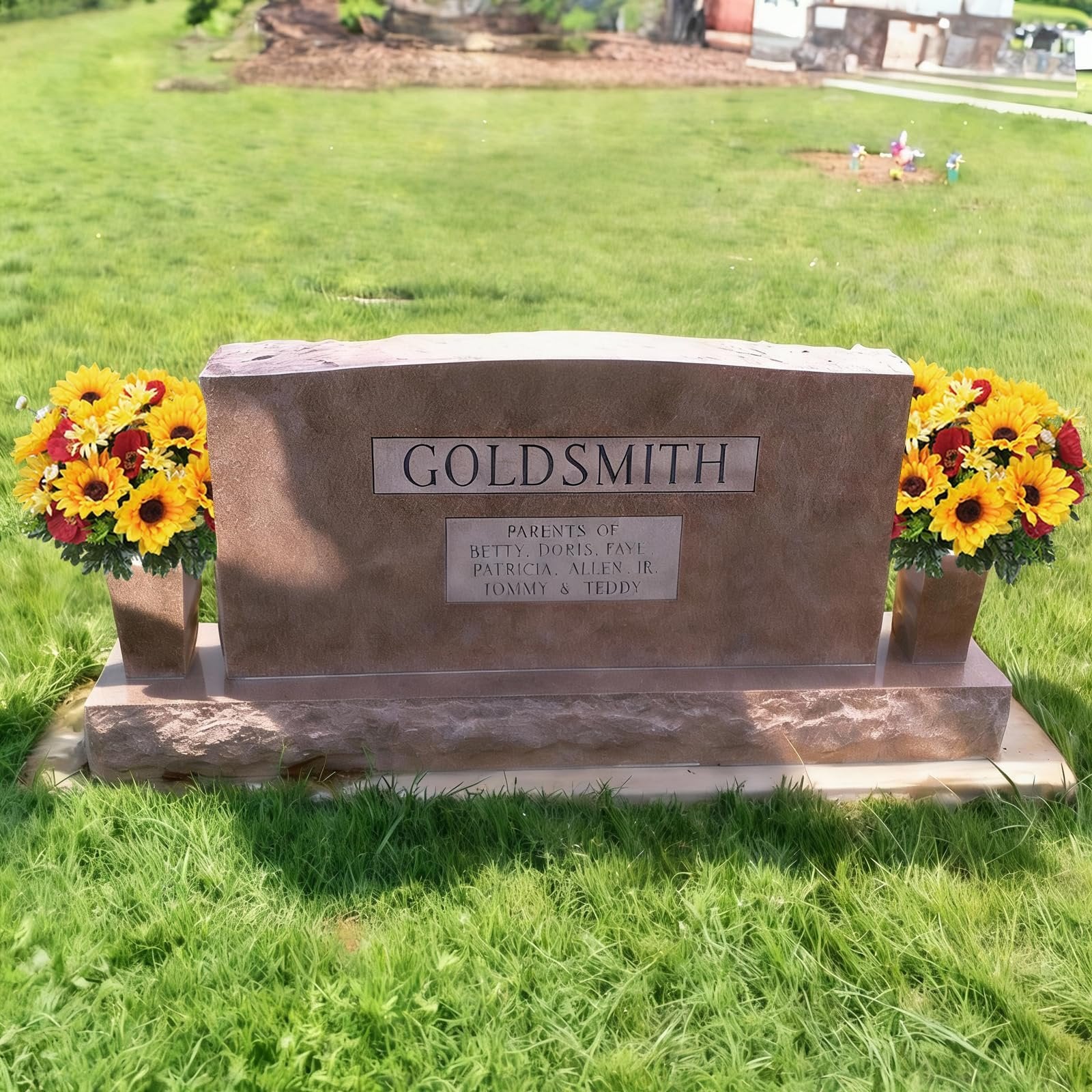 Two bouquets of faux sunflowers and red flowers flank a tombstone with the name Goldsmith engraved on it.