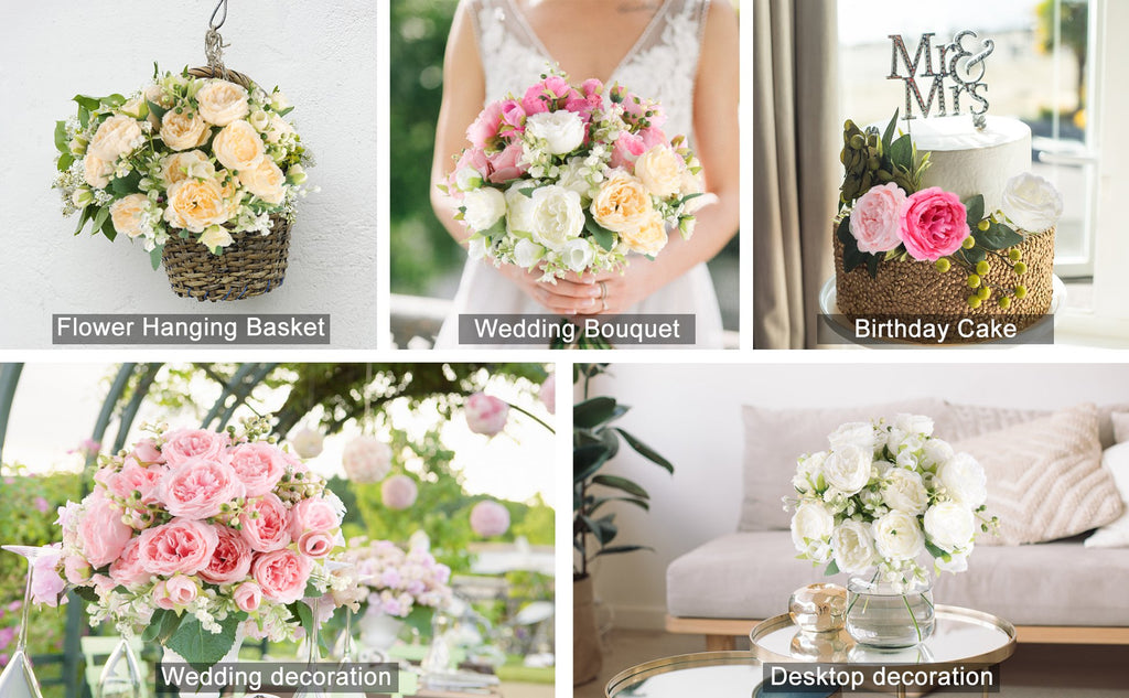 Collage of artificial flower arrangements including a hanging basket, wedding bouquet, cake decoration, outdoor wedding decor, and desktop vase arrangement.