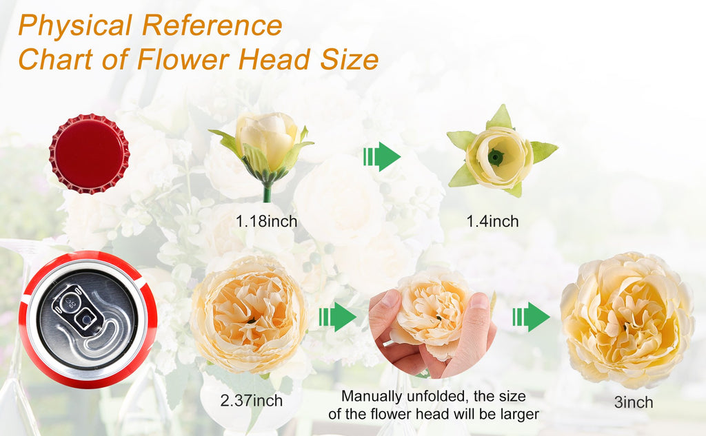 Artificial flower head size reference chart showing various flower sizes next to a soda can and bottle cap.