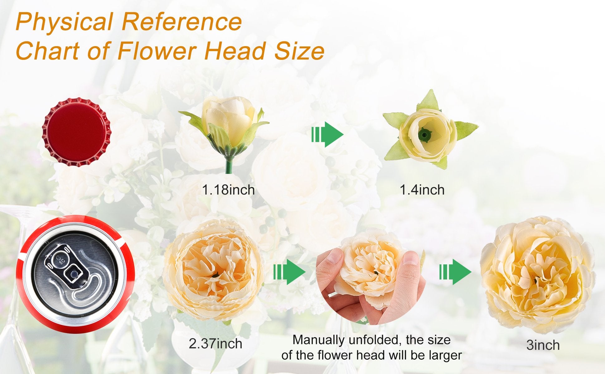 Artificial flower head size reference chart showing various flower sizes next to a soda can and bottle cap.