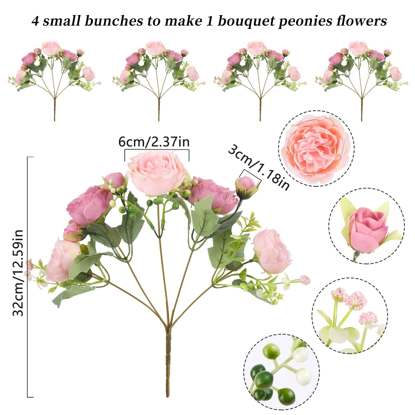 Pink and purple artificial peony flower bouquet with berries and green leaves, showing dimensions.